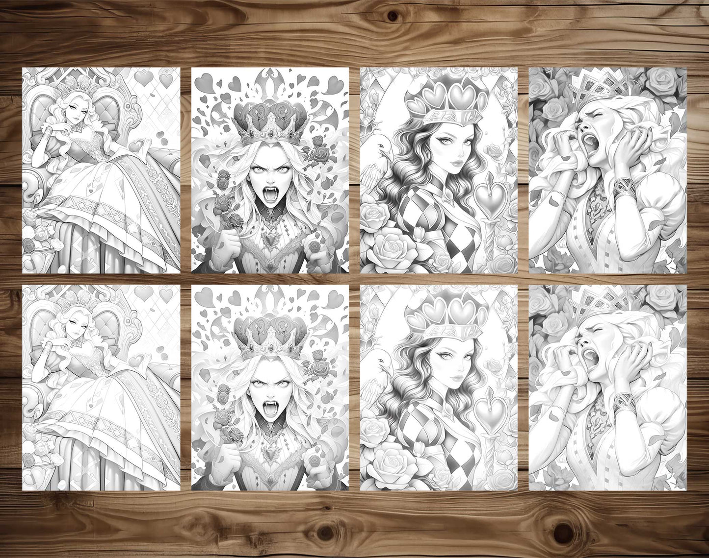 50 The Queen of Heart Grayscale Coloring Pages - Instant Download - Printable PDF Dark/Light – preview 4