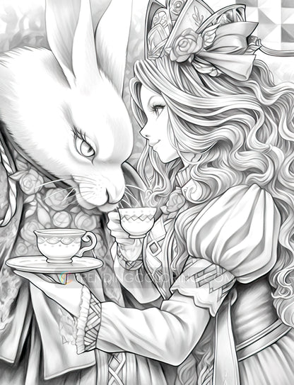 50 The Queen of Heart Grayscale Coloring Pages - Instant Download - Printable PDF Dark/Light – preview 5