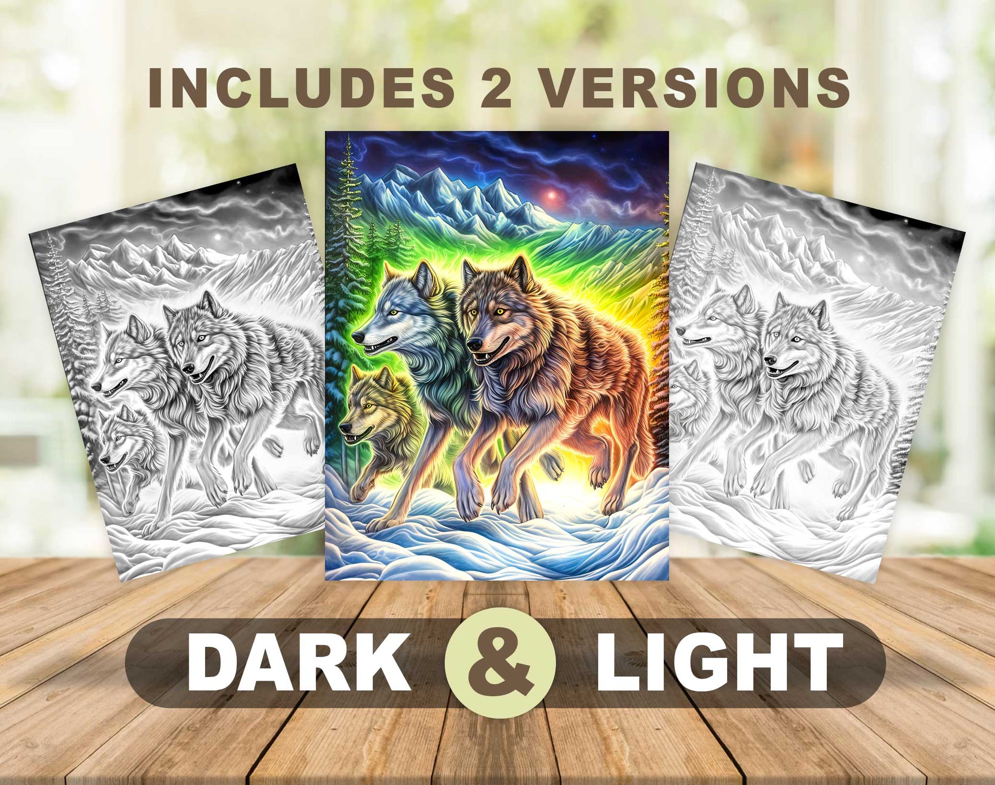 50 The Wild Wolf Grayscale Coloring Pages - Instant Download - Printable PDF Dark/Light – preview 4