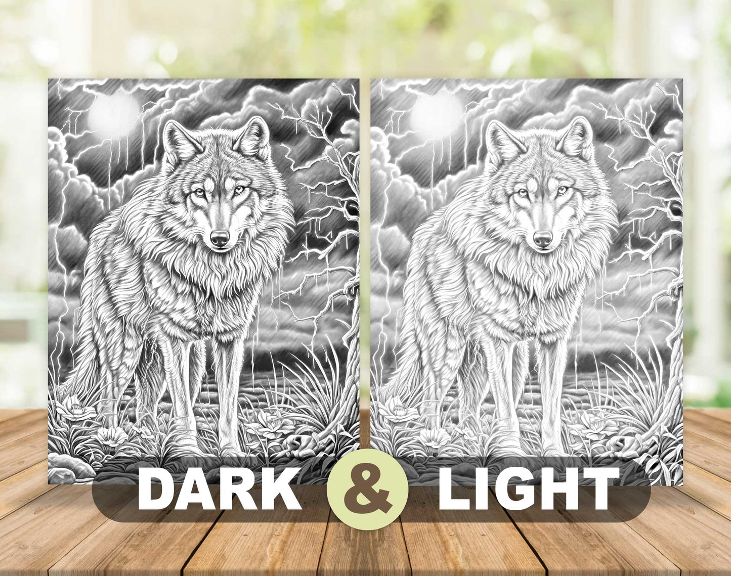 50 The Wild Wolf Grayscale Coloring Pages - Instant Download - Printable PDF Dark/Light – preview 5