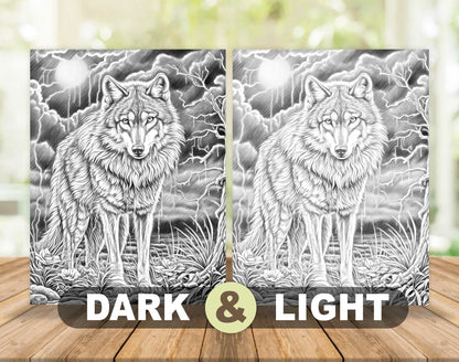 50 The Wild Wolf Grayscale Coloring Pages - Instant Download - Printable PDF Dark/Light – preview 5