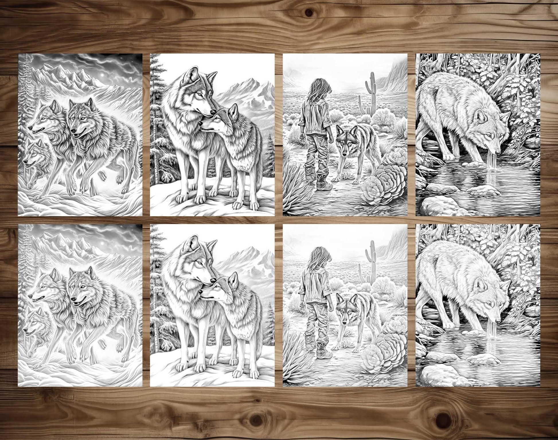 50 The Wild Wolf Grayscale Coloring Pages - Instant Download - Printable PDF Dark/Light – preview 6