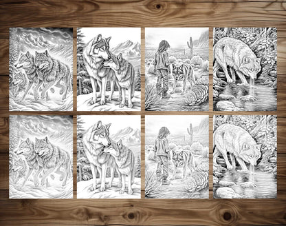 50 The Wild Wolf Grayscale Coloring Pages - Instant Download - Printable PDF Dark/Light – preview 6