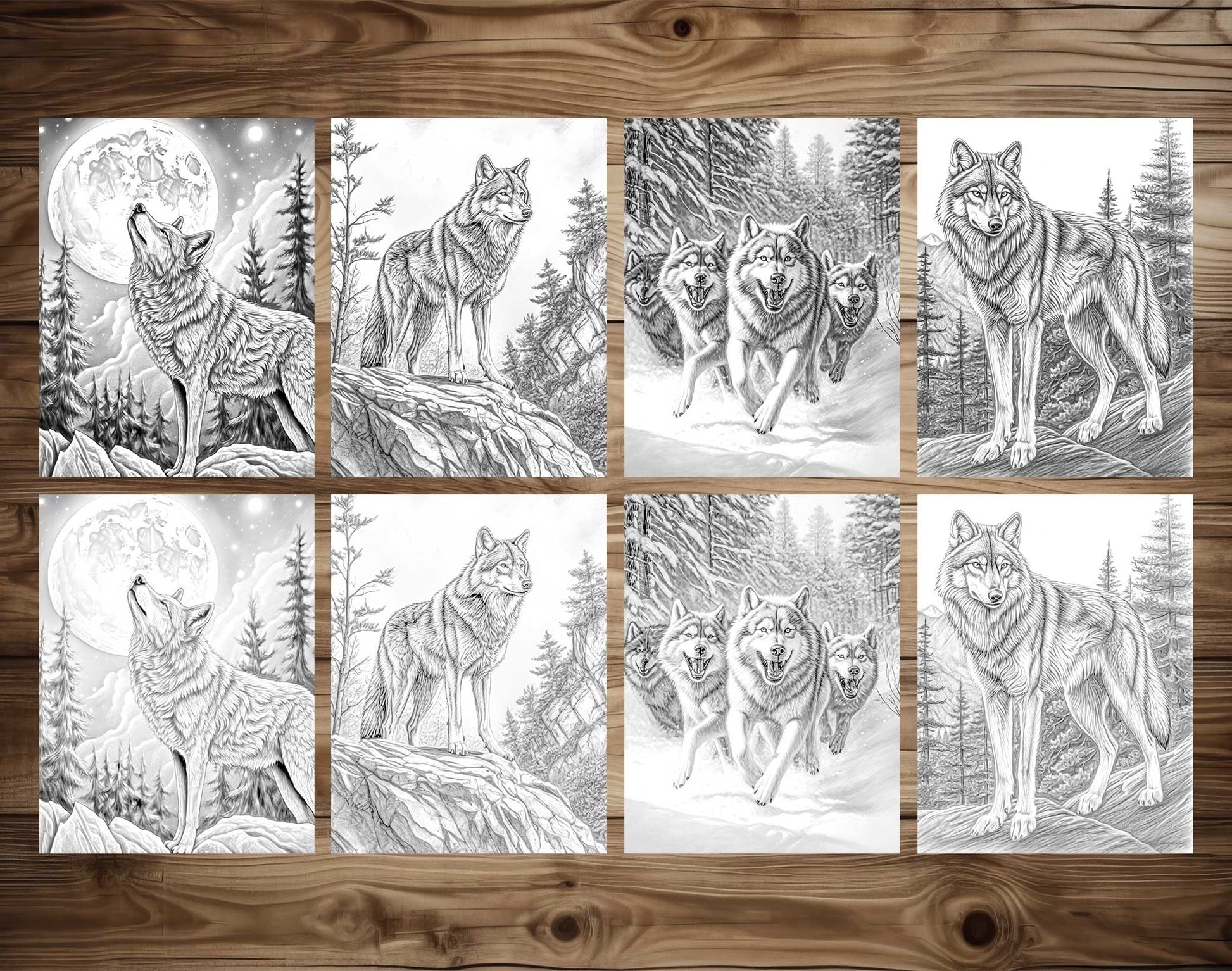 50 The Wild Wolf Grayscale Coloring Pages - Instant Download - Printable PDF Dark/Light – preview 7
