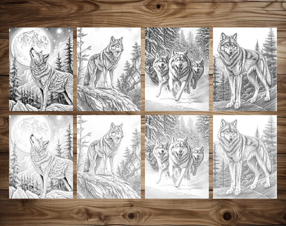 50 The Wild Wolf Grayscale Coloring Pages - Instant Download - Printable PDF Dark/Light – preview 7