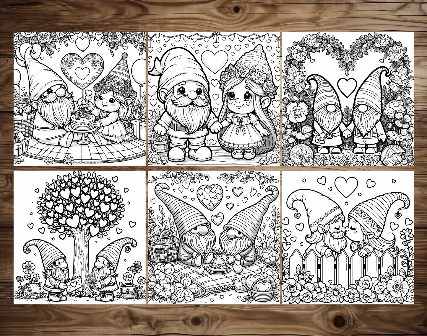 50 Valentine Gnome Coloring Pages - Instant Download - Printable PDF – preview 3