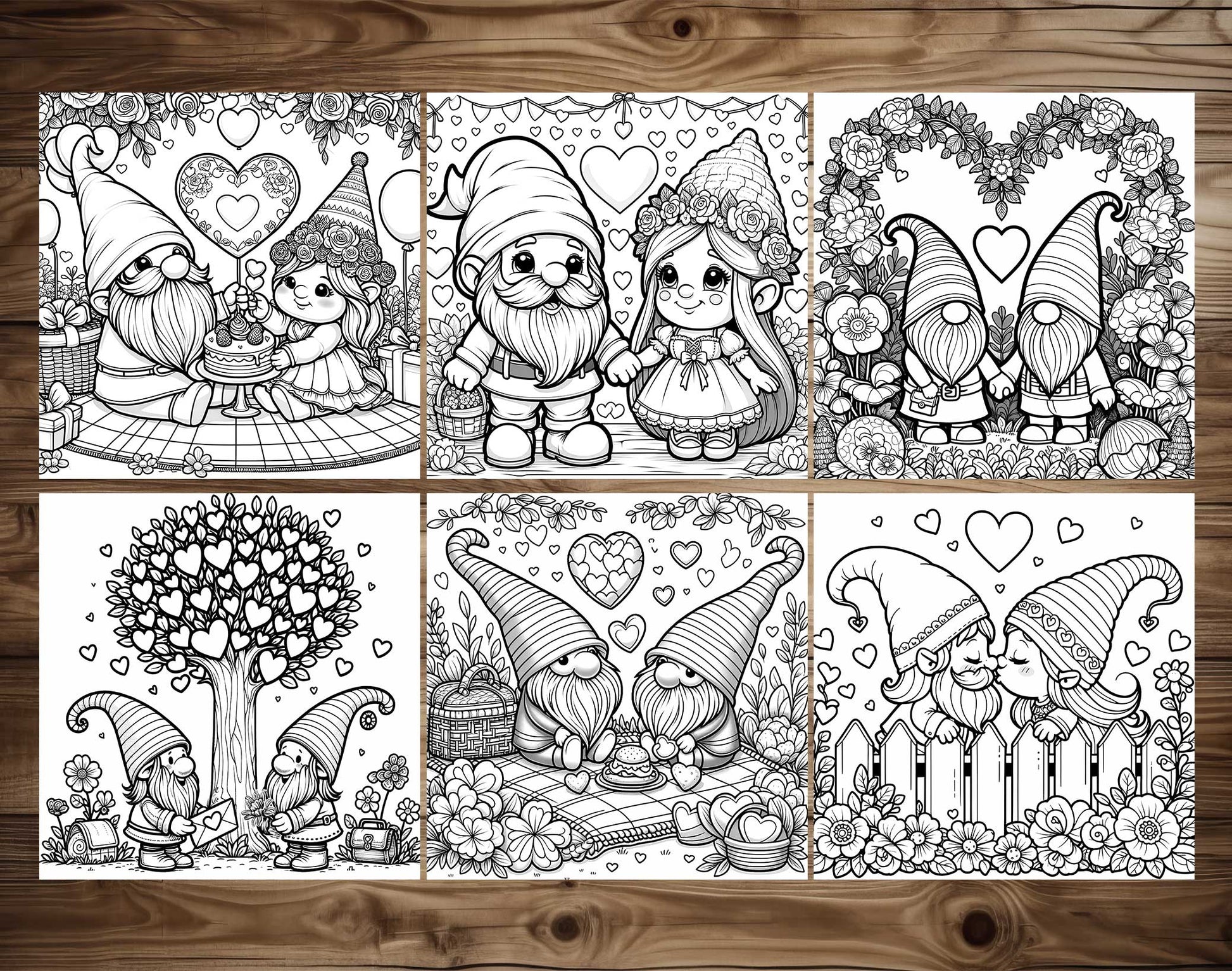 50 Valentine Gnome Coloring Pages - Instant Download - Printable PDF – preview 3