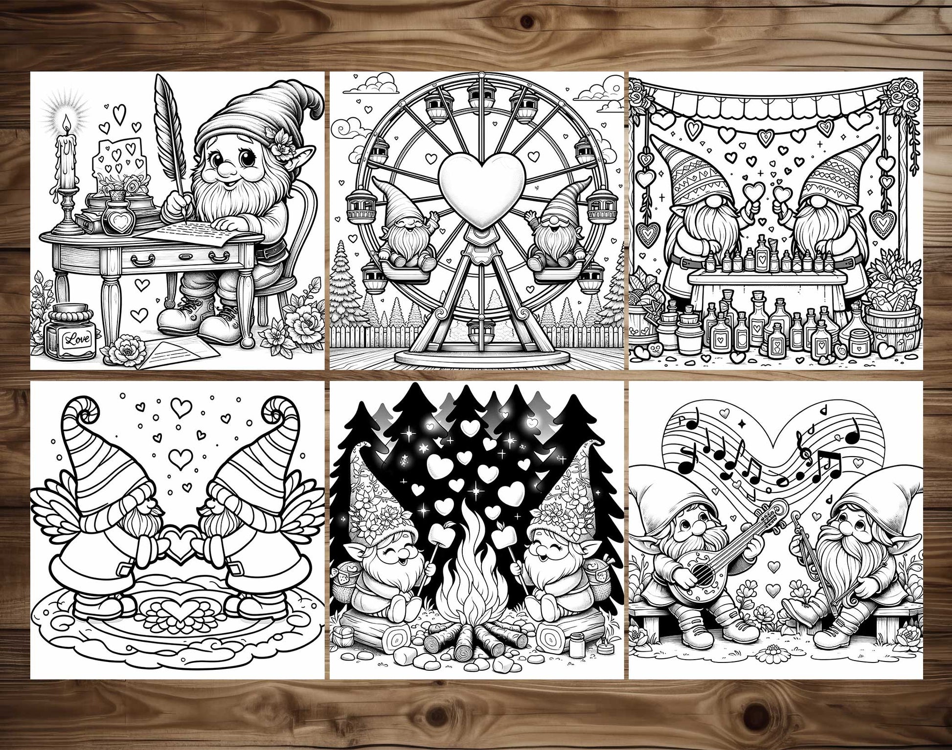 50 Valentine Gnome Coloring Pages - Instant Download - Printable PDF – preview 5