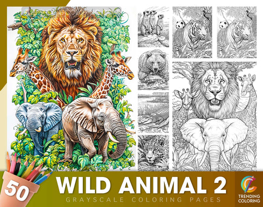 50 Wild Animal 2 Grayscale Coloring Pages - Instant Download - Printable PDF Dark/Light