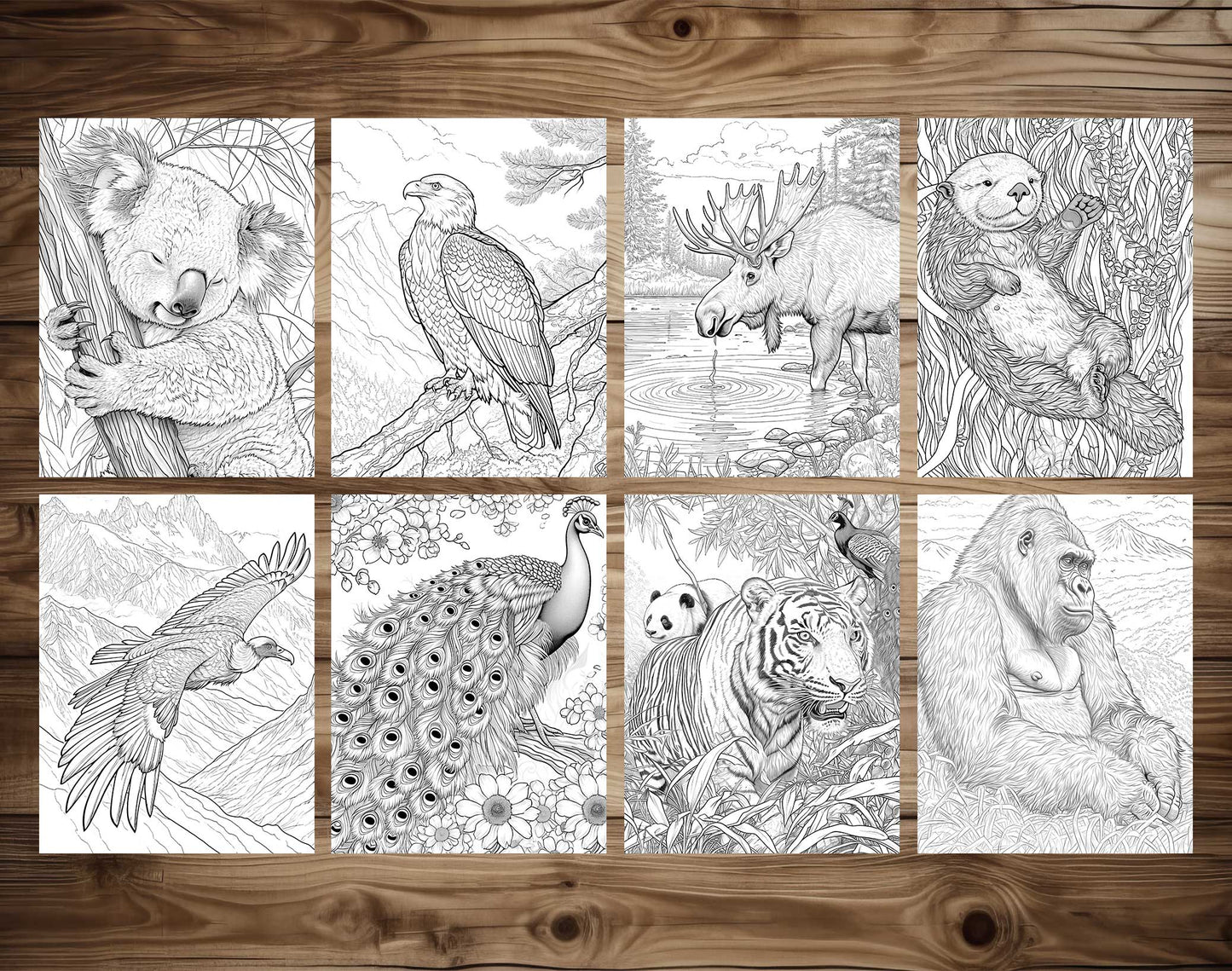 50 Wild Animal 2 Grayscale Coloring Pages - Instant Download - Printable PDF Dark/Light – preview 6