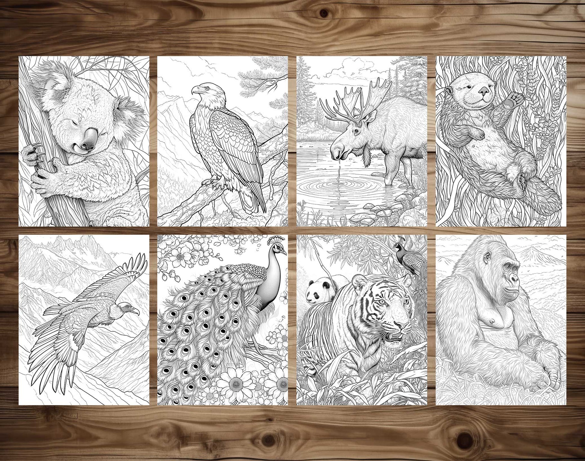 50 Wild Animal 2 Grayscale Coloring Pages - Instant Download - Printable PDF Dark/Light – preview 6