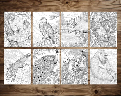 50 Wild Animal 2 Grayscale Coloring Pages - Instant Download - Printable PDF Dark/Light – preview 6