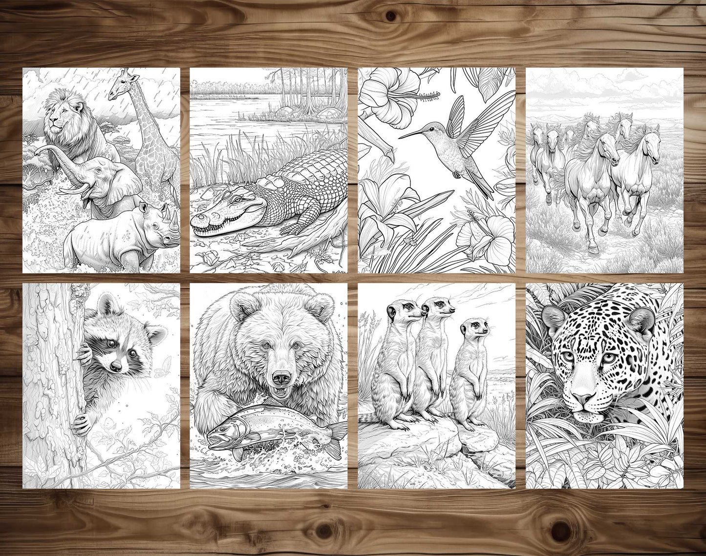 50 Wild Animal 2 Grayscale Coloring Pages - Instant Download - Printable PDF Dark/Light – preview 7