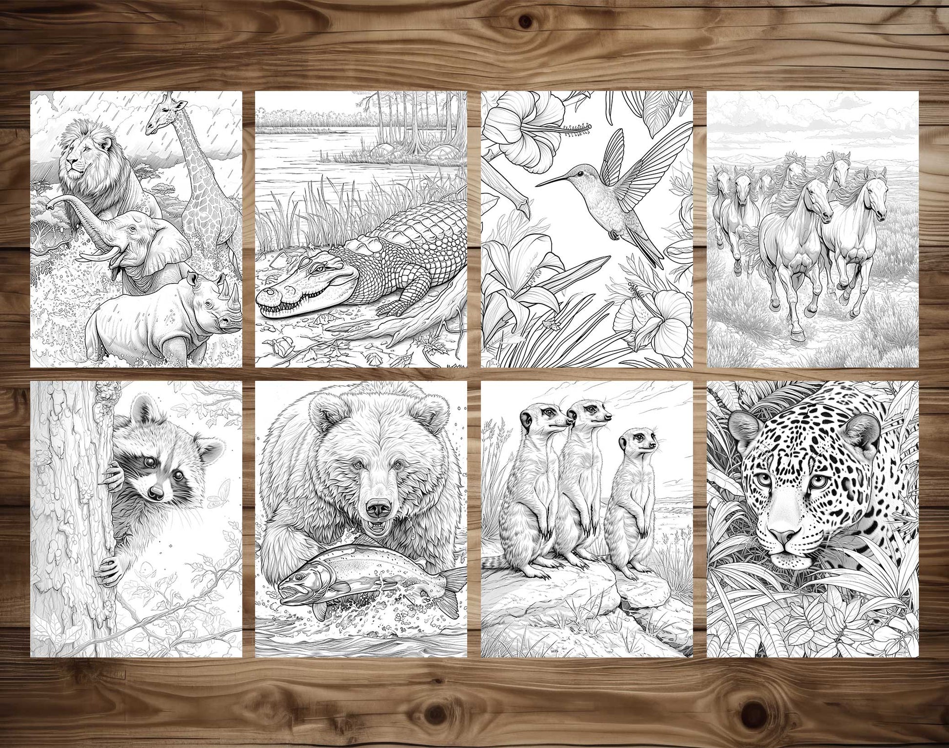 50 Wild Animal 2 Grayscale Coloring Pages - Instant Download - Printable PDF Dark/Light – preview 7