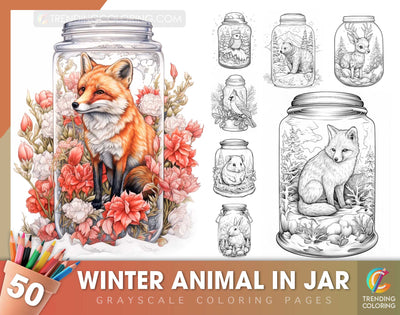 50 Winter Animal In Jar Grayscale Coloring Pages - Instant Download - Printable PDF Dark/Light