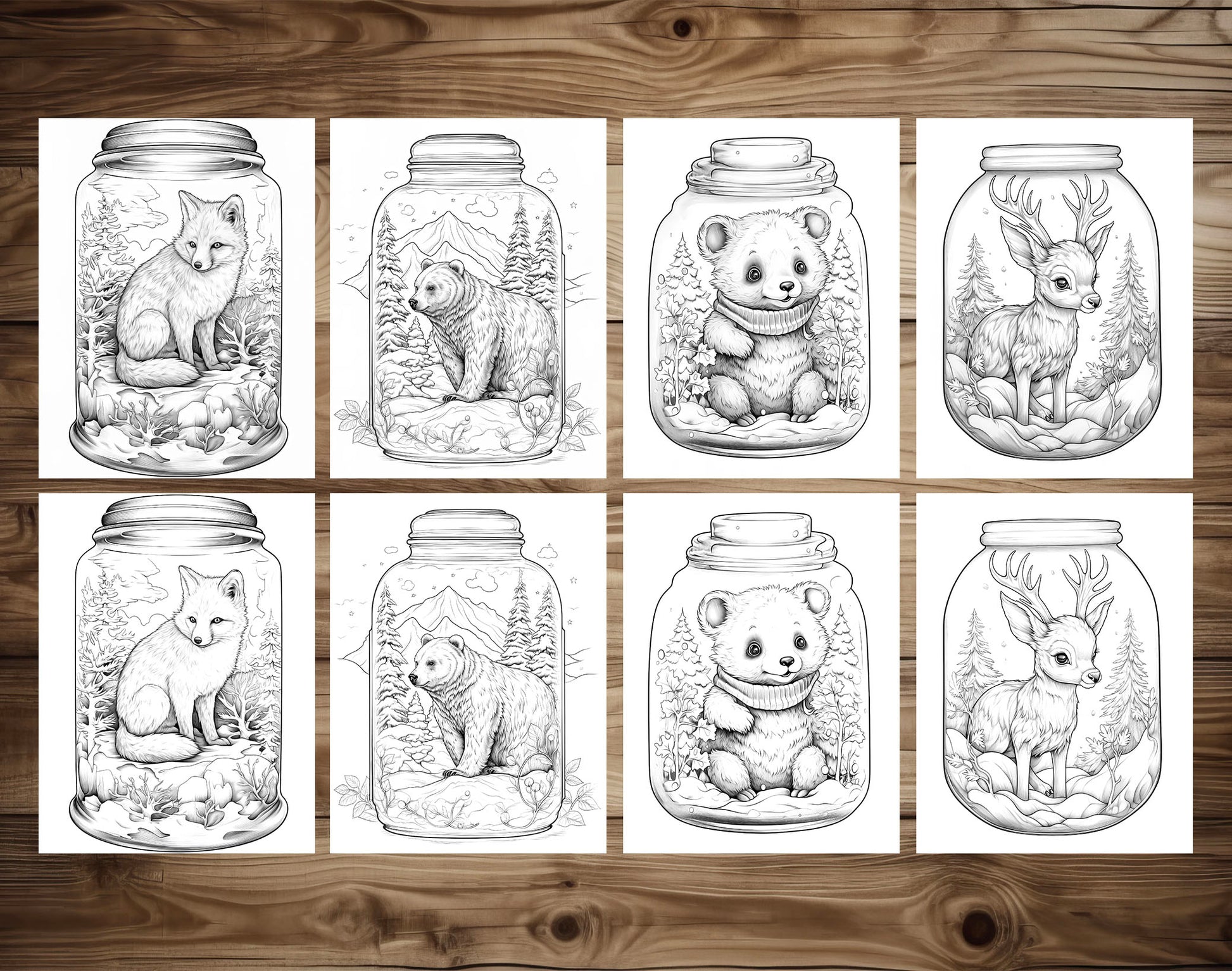 50 Winter Animal In Jar Grayscale Coloring Pages - Instant Download - Printable PDF Dark/Light – preview 5