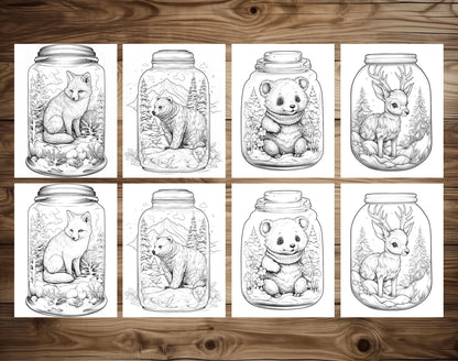 50 Winter Animal In Jar Grayscale Coloring Pages - Instant Download - Printable PDF Dark/Light – preview 5