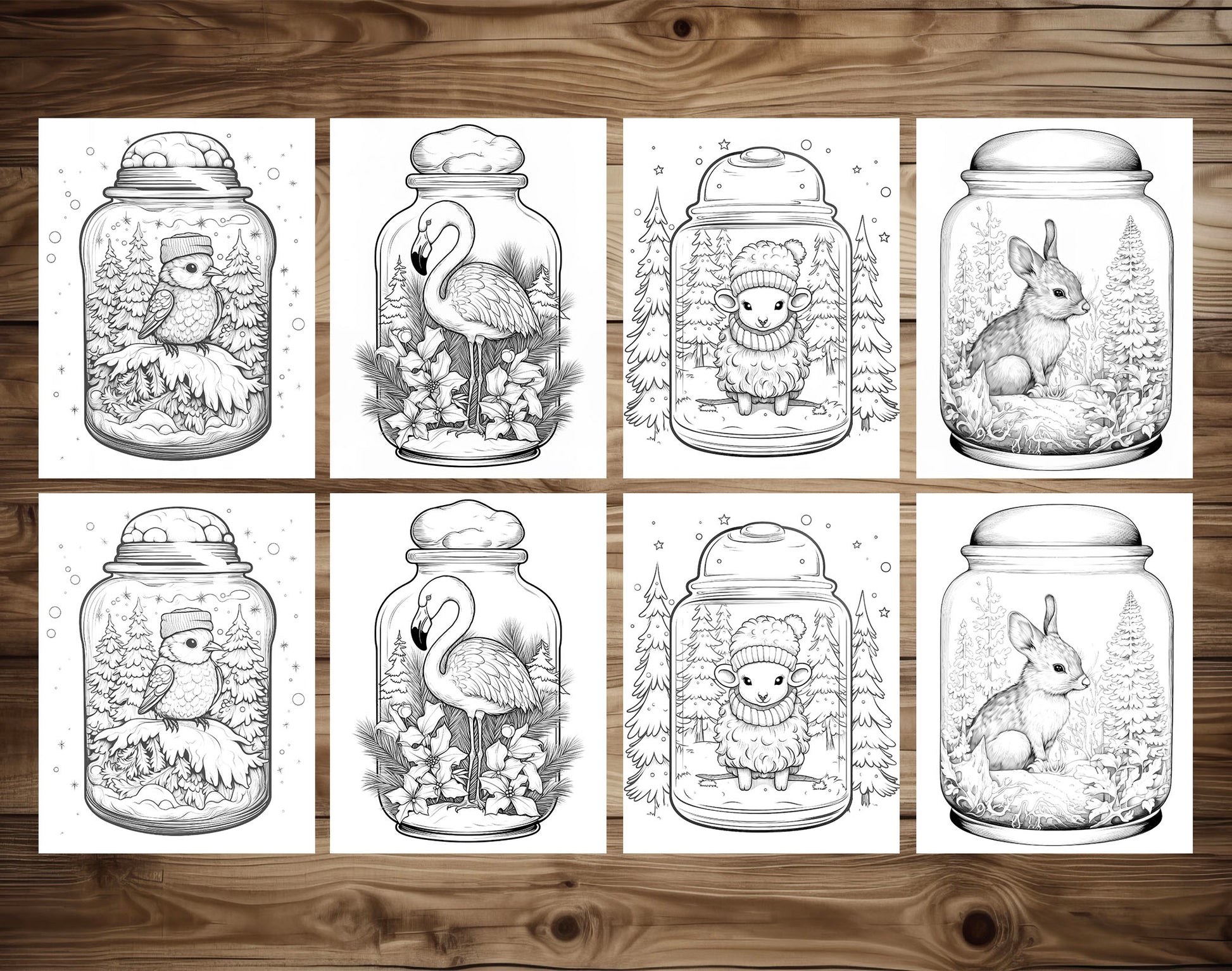50 Winter Animal In Jar Grayscale Coloring Pages - Instant Download - Printable PDF Dark/Light – preview 6