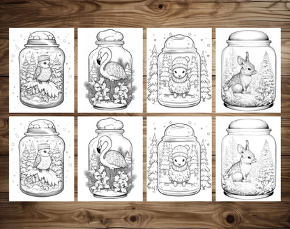 50 Winter Animal In Jar Grayscale Coloring Pages - Instant Download - Printable PDF Dark/Light – preview 6