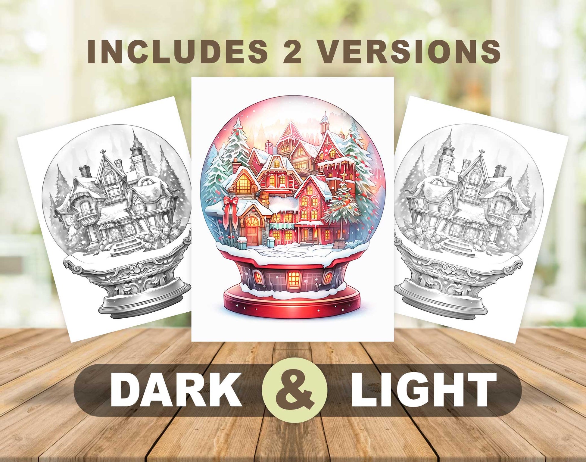 50 Winter Crystal Ball Grayscale Coloring Pages - Instant Download - Printable PDF Dark/Light – preview 4