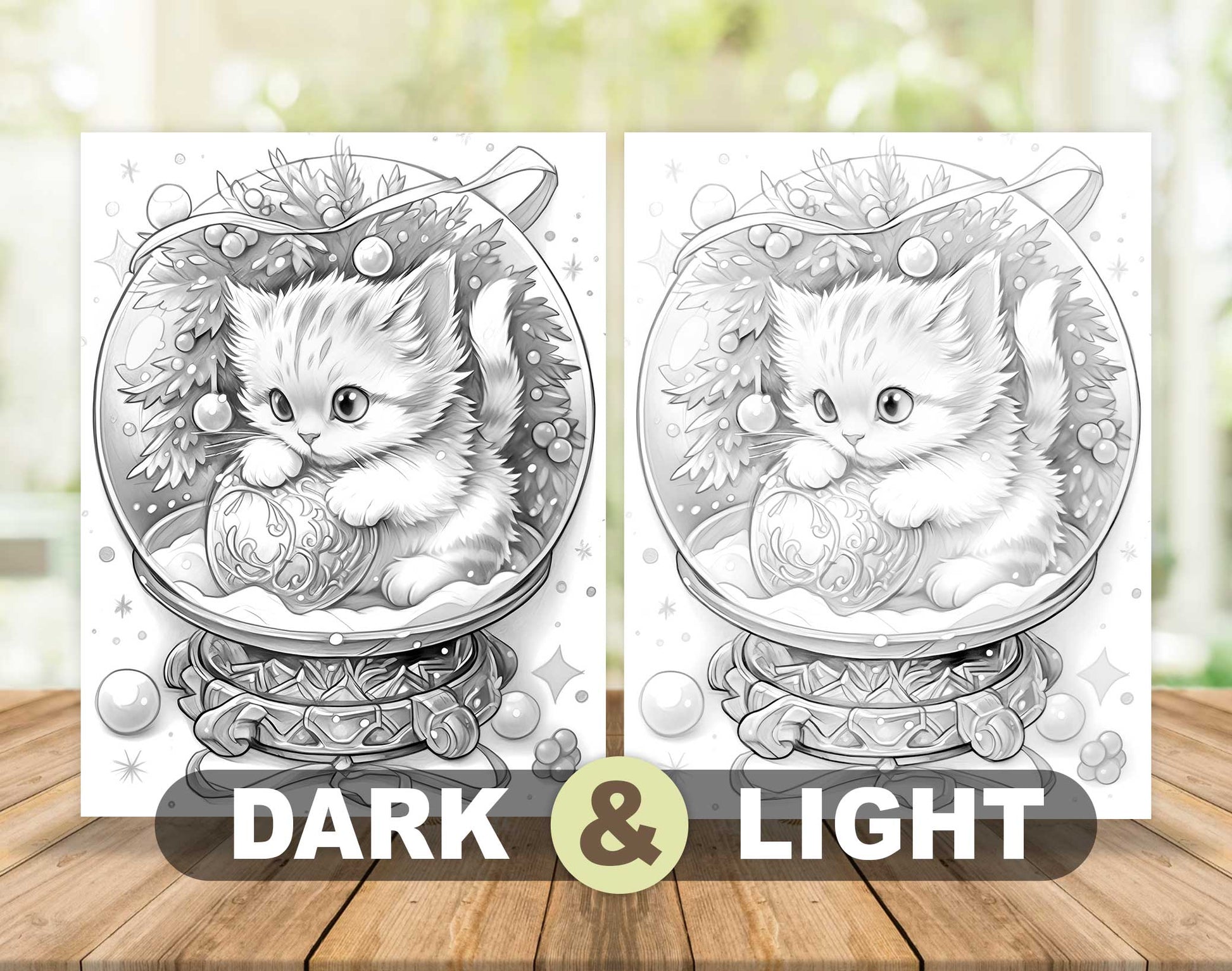 50 Winter Crystal Ball Grayscale Coloring Pages - Instant Download - Printable PDF Dark/Light – preview 5