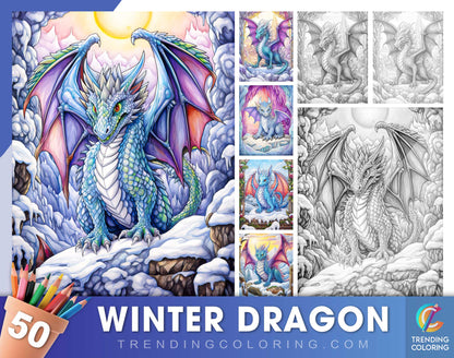 50 Winter Dragon Grayscale Coloring Pages - Instant Download - Printable PDF Dark/Light