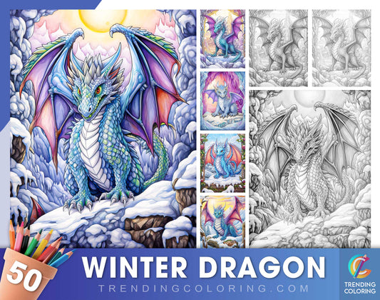 50 Winter Dragon Grayscale Coloring Pages - Instant Download - Printable PDF Dark/Light