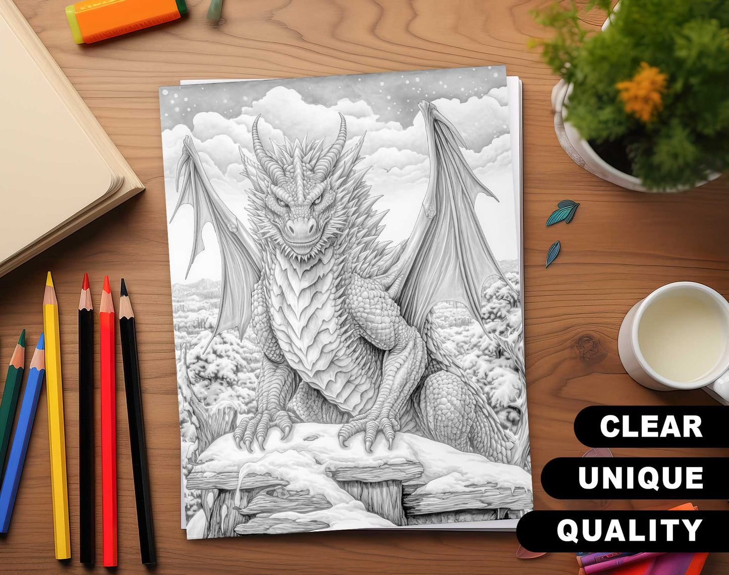 50 Winter Dragon Grayscale Coloring Pages - Instant Download - Printable PDF Dark/Light – preview 3