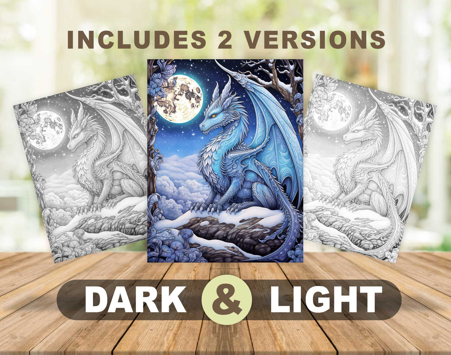 50 Winter Dragon Grayscale Coloring Pages - Instant Download - Printable PDF Dark/Light – preview 4