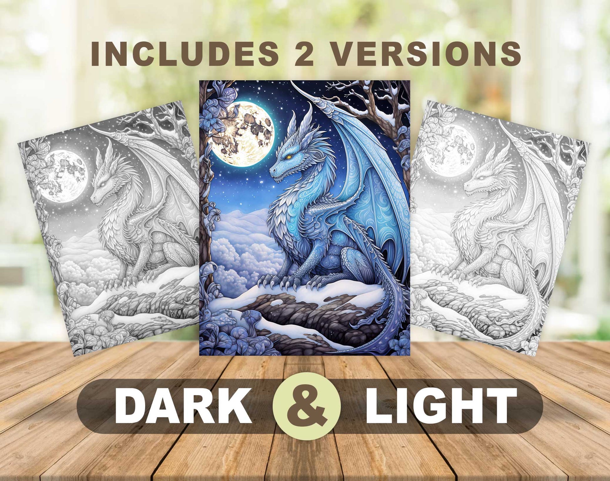 50 Winter Dragon Grayscale Coloring Pages - Instant Download - Printable PDF Dark/Light – preview 4