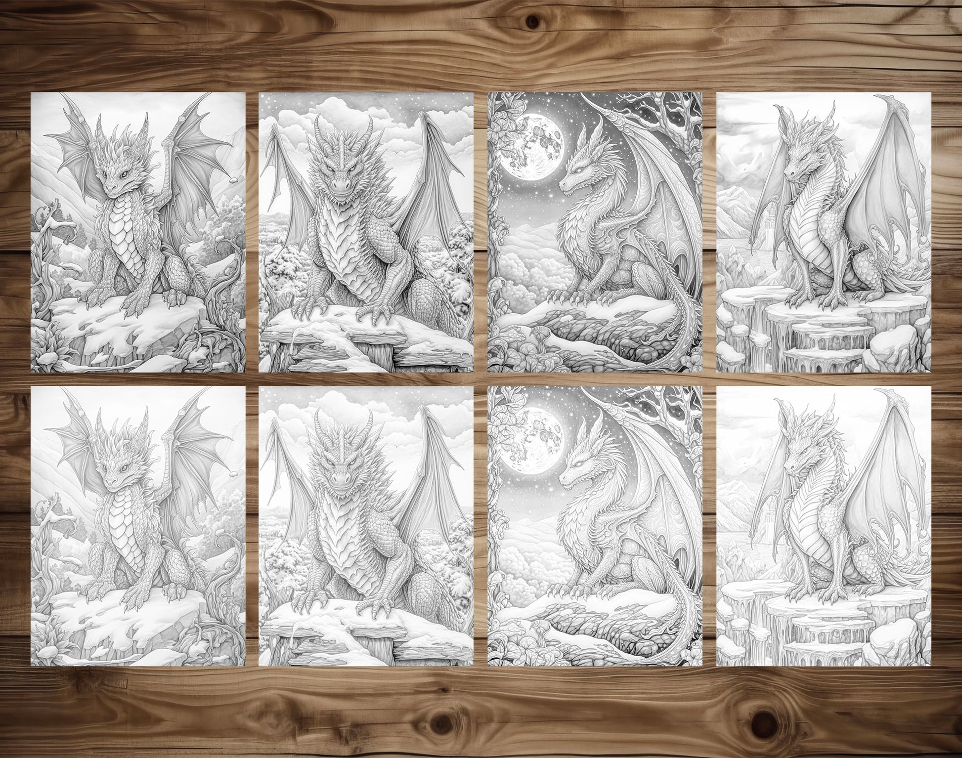 50 Winter Dragon Grayscale Coloring Pages - Instant Download - Printable PDF Dark/Light – preview 6