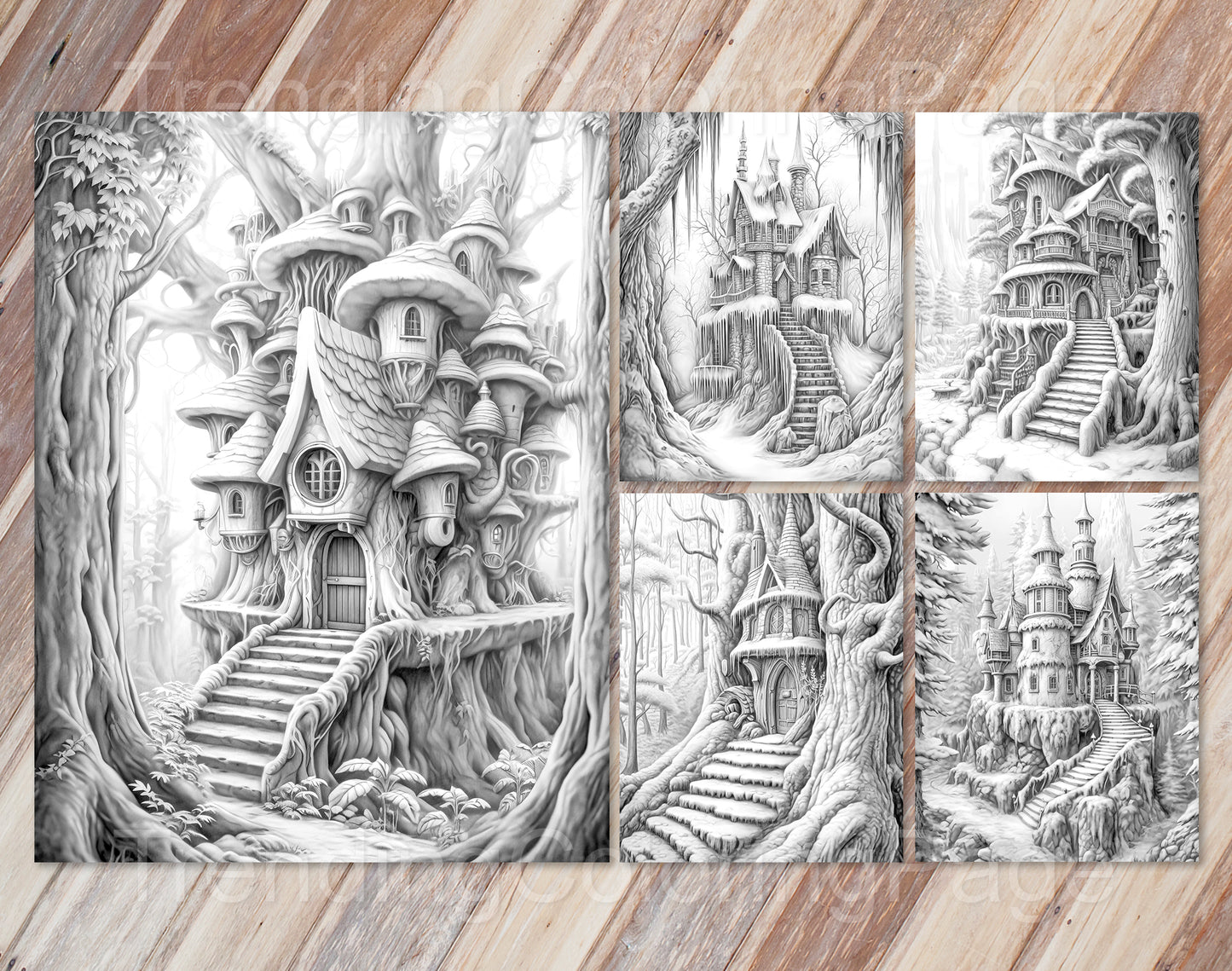50 Winter Fairy Houses Grayscale Coloring Pages - Instant Download - Printable PDF Dark/Light – preview 10