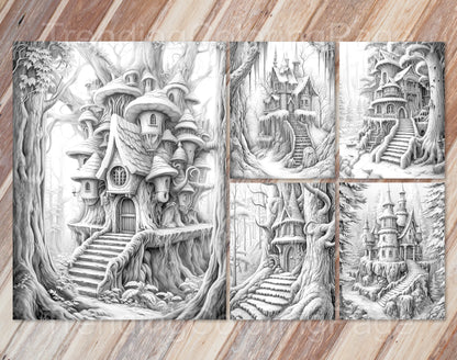 50 Winter Fairy Houses Grayscale Coloring Pages - Instant Download - Printable PDF Dark/Light – preview 10