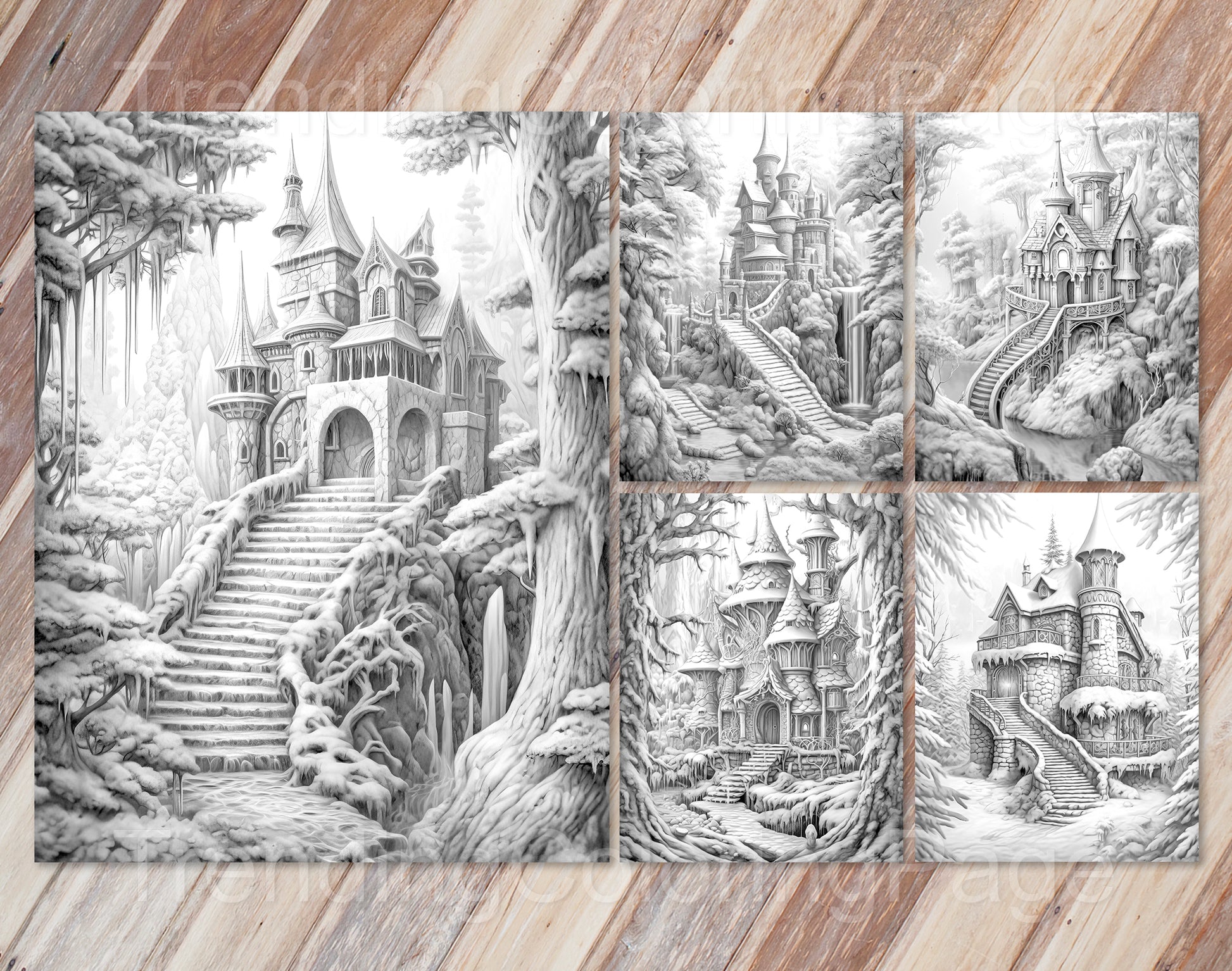 50 Winter Fairy Houses Grayscale Coloring Pages - Instant Download - Printable PDF Dark/Light – preview 11