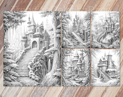 50 Winter Fairy Houses Grayscale Coloring Pages - Instant Download - Printable PDF Dark/Light – preview 11