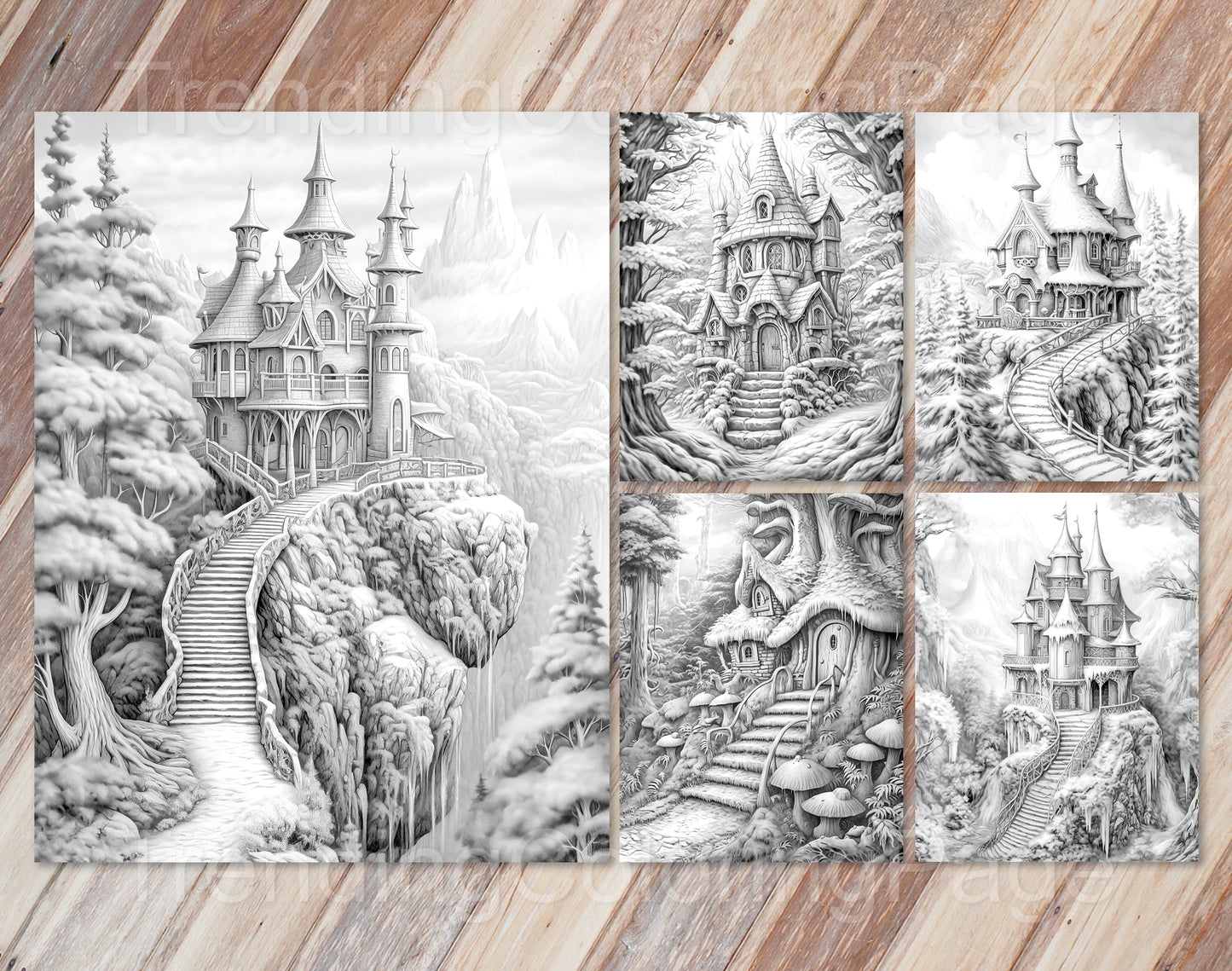 50 Winter Fairy Houses Grayscale Coloring Pages - Instant Download - Printable PDF Dark/Light – preview 12