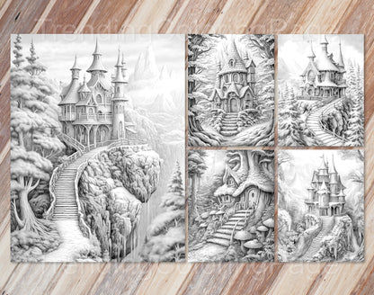 50 Winter Fairy Houses Grayscale Coloring Pages - Instant Download - Printable PDF Dark/Light – preview 12