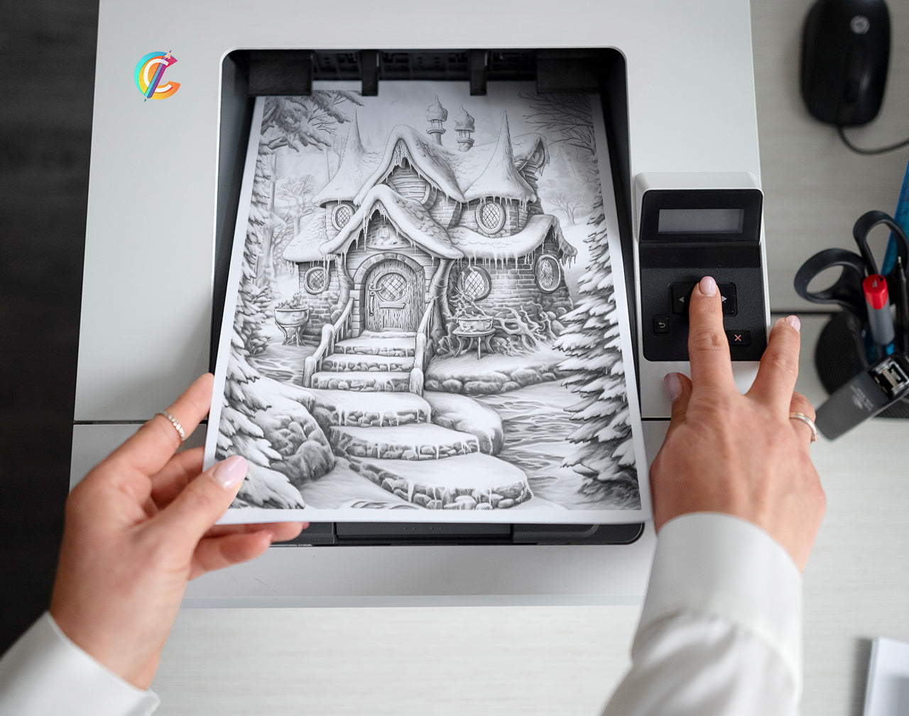 50 Winter Fairy Houses Grayscale Coloring Pages - Instant Download - Printable PDF Dark/Light – preview 2