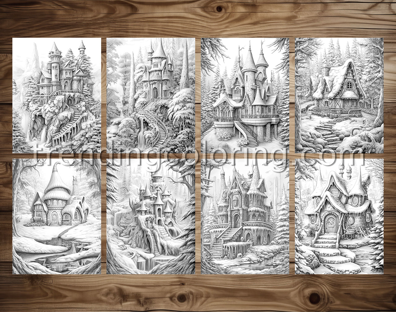 50 Winter Fairy Houses Grayscale Coloring Pages - Instant Download - Printable PDF Dark/Light – preview 3
