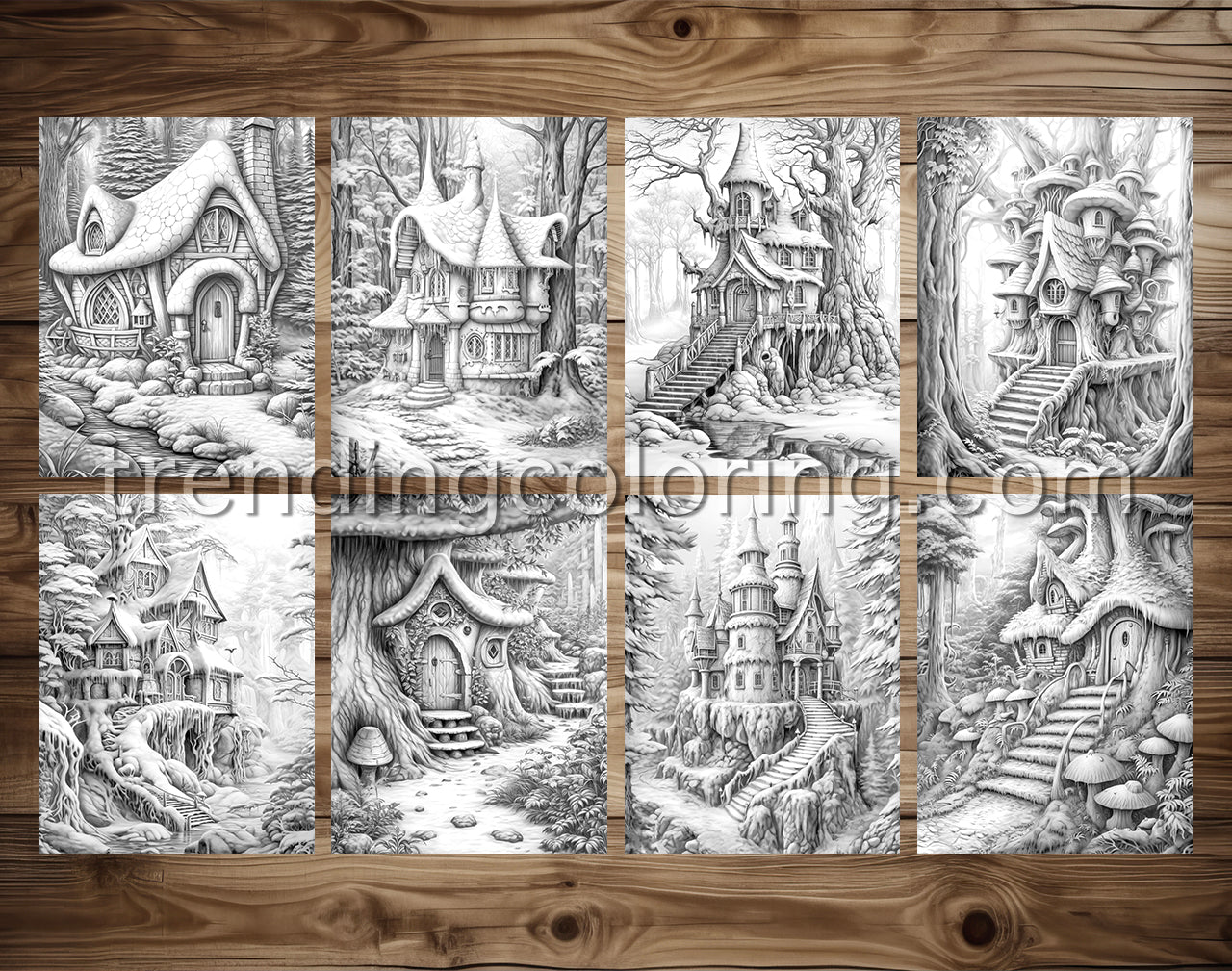 50 Winter Fairy Houses Grayscale Coloring Pages - Instant Download - Printable PDF Dark/Light – preview 4