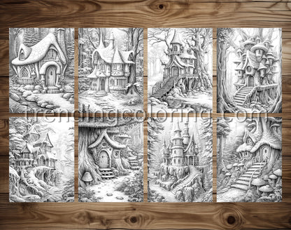 50 Winter Fairy Houses Grayscale Coloring Pages - Instant Download - Printable PDF Dark/Light – preview 4