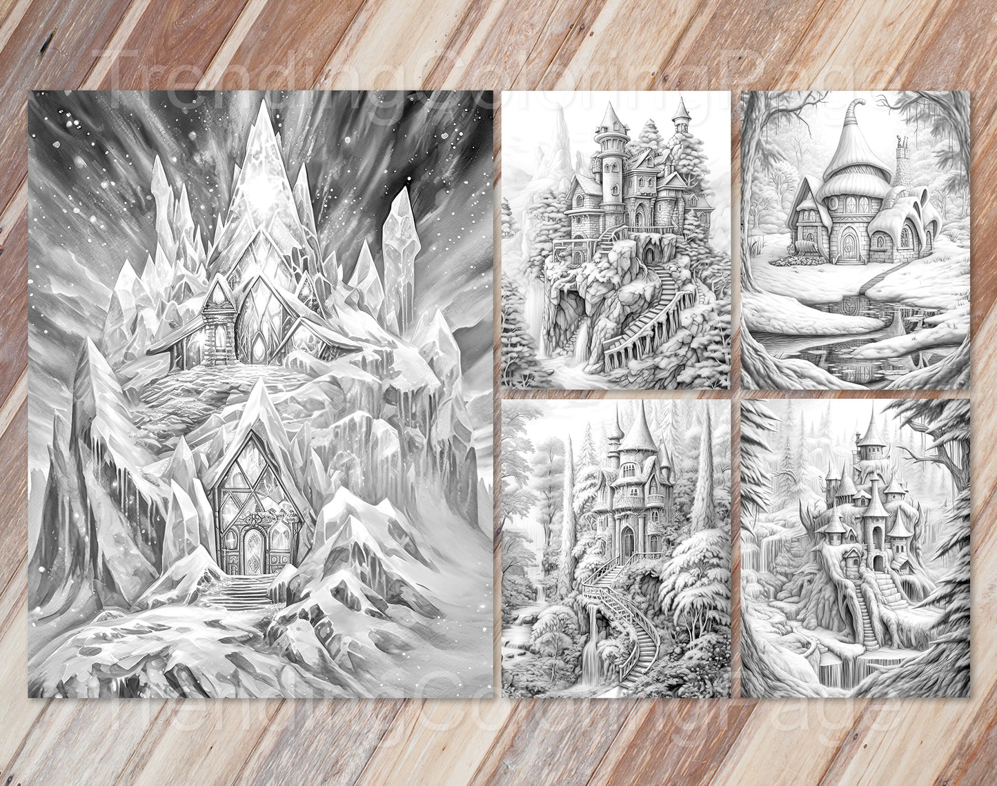 50 Winter Fairy Houses Grayscale Coloring Pages - Instant Download - Printable PDF Dark/Light – preview 5