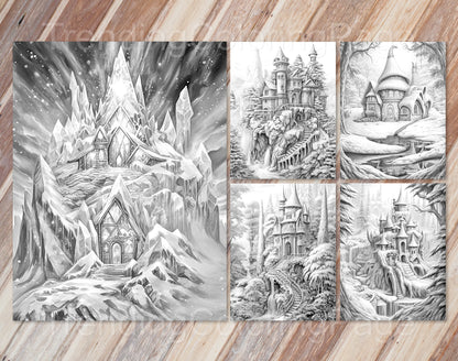 50 Winter Fairy Houses Grayscale Coloring Pages - Instant Download - Printable PDF Dark/Light – preview 5