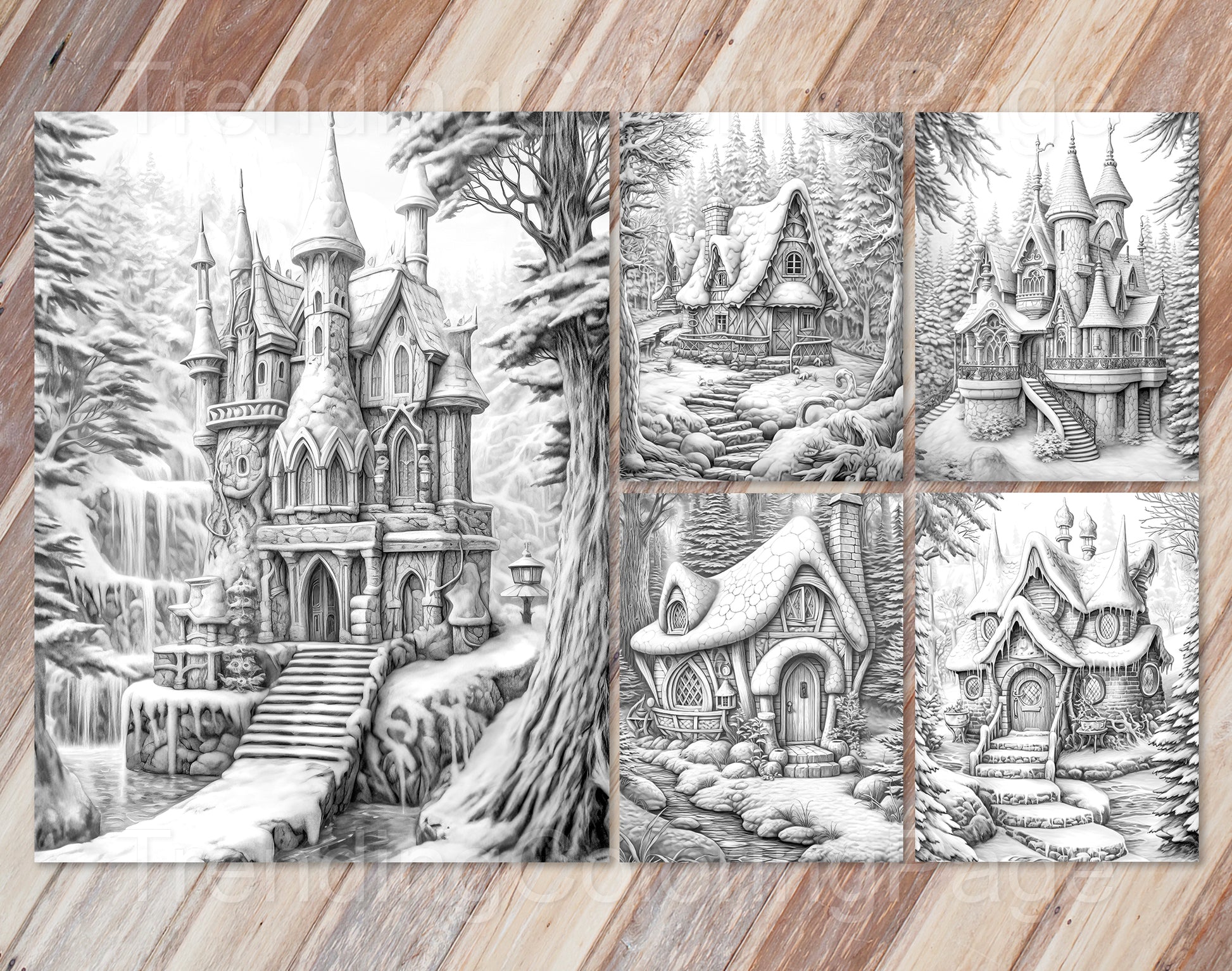 50 Winter Fairy Houses Grayscale Coloring Pages - Instant Download - Printable PDF Dark/Light – preview 6