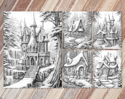 50 Winter Fairy Houses Grayscale Coloring Pages - Instant Download - Printable PDF Dark/Light – preview 6