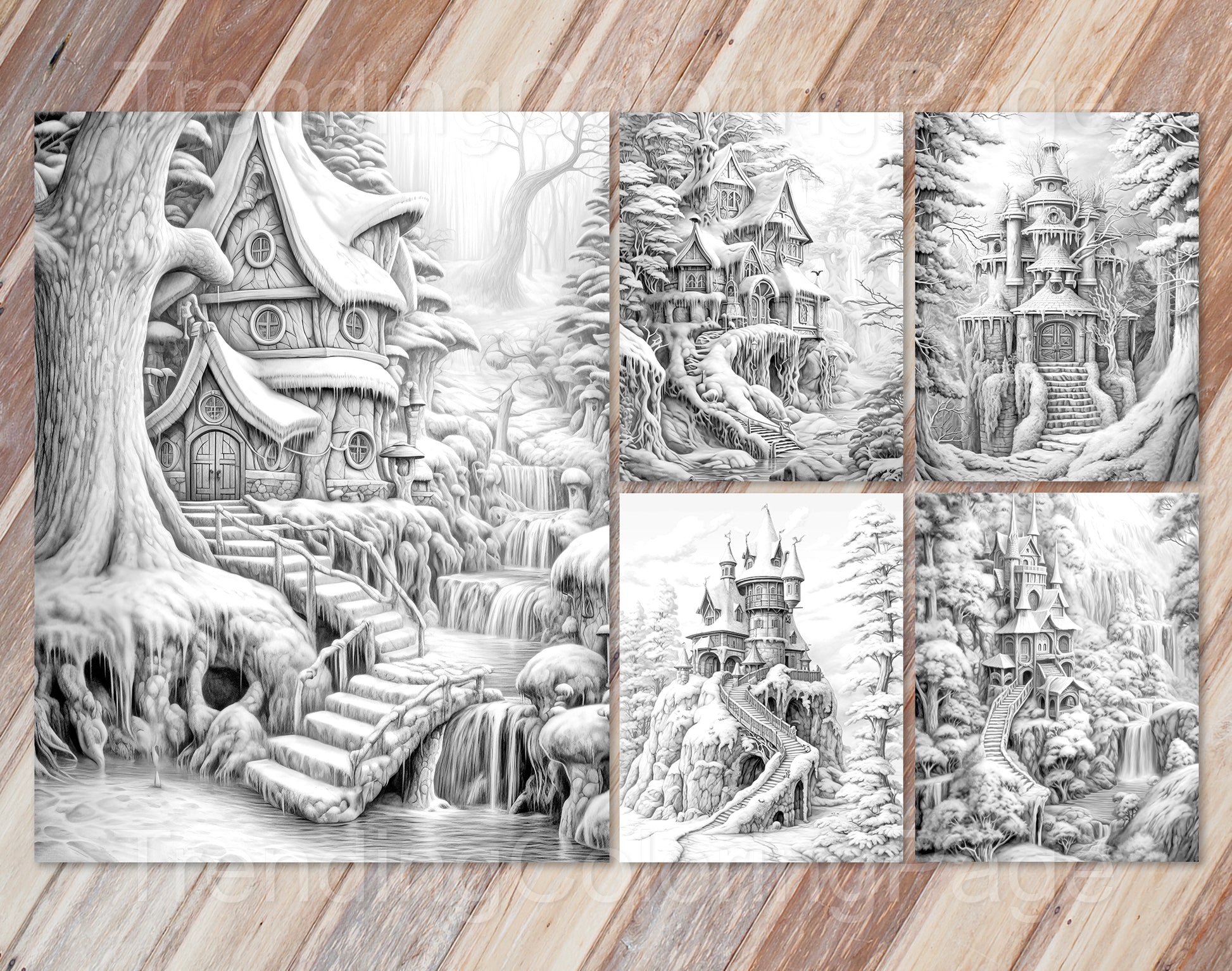 50 Winter Fairy Houses Grayscale Coloring Pages - Instant Download - Printable PDF Dark/Light – preview 7
