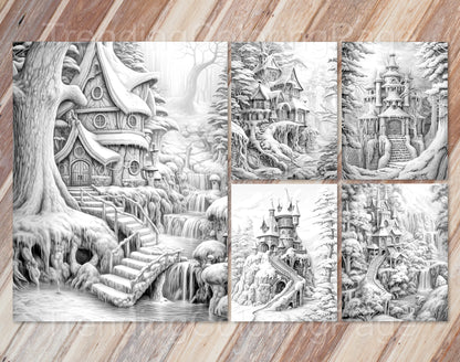 50 Winter Fairy Houses Grayscale Coloring Pages - Instant Download - Printable PDF Dark/Light – preview 7