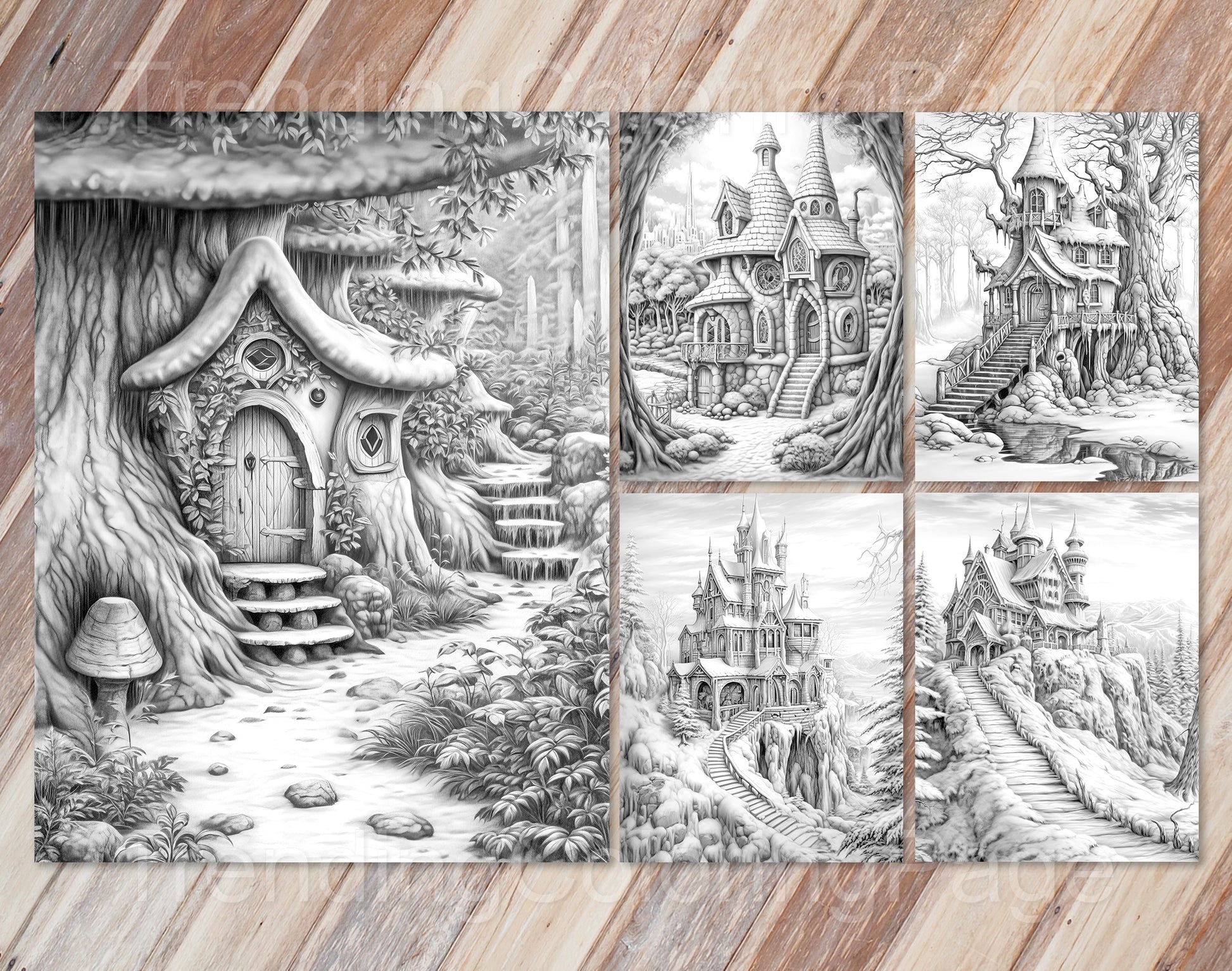 50 Winter Fairy Houses Grayscale Coloring Pages - Instant Download - Printable PDF Dark/Light – preview 8