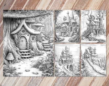 50 Winter Fairy Houses Grayscale Coloring Pages - Instant Download - Printable PDF Dark/Light – preview 8