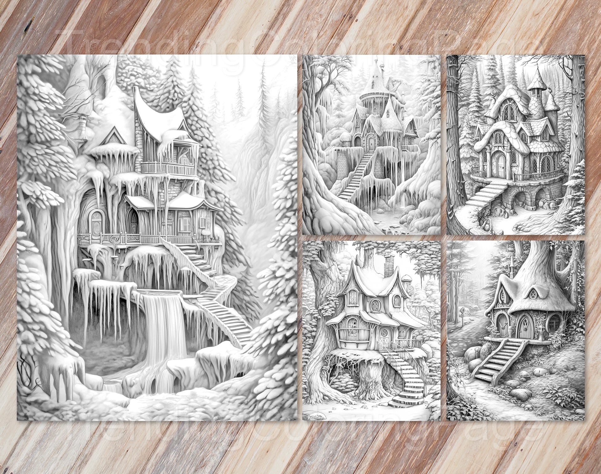 50 Winter Fairy Houses Grayscale Coloring Pages - Instant Download - Printable PDF Dark/Light – preview 9